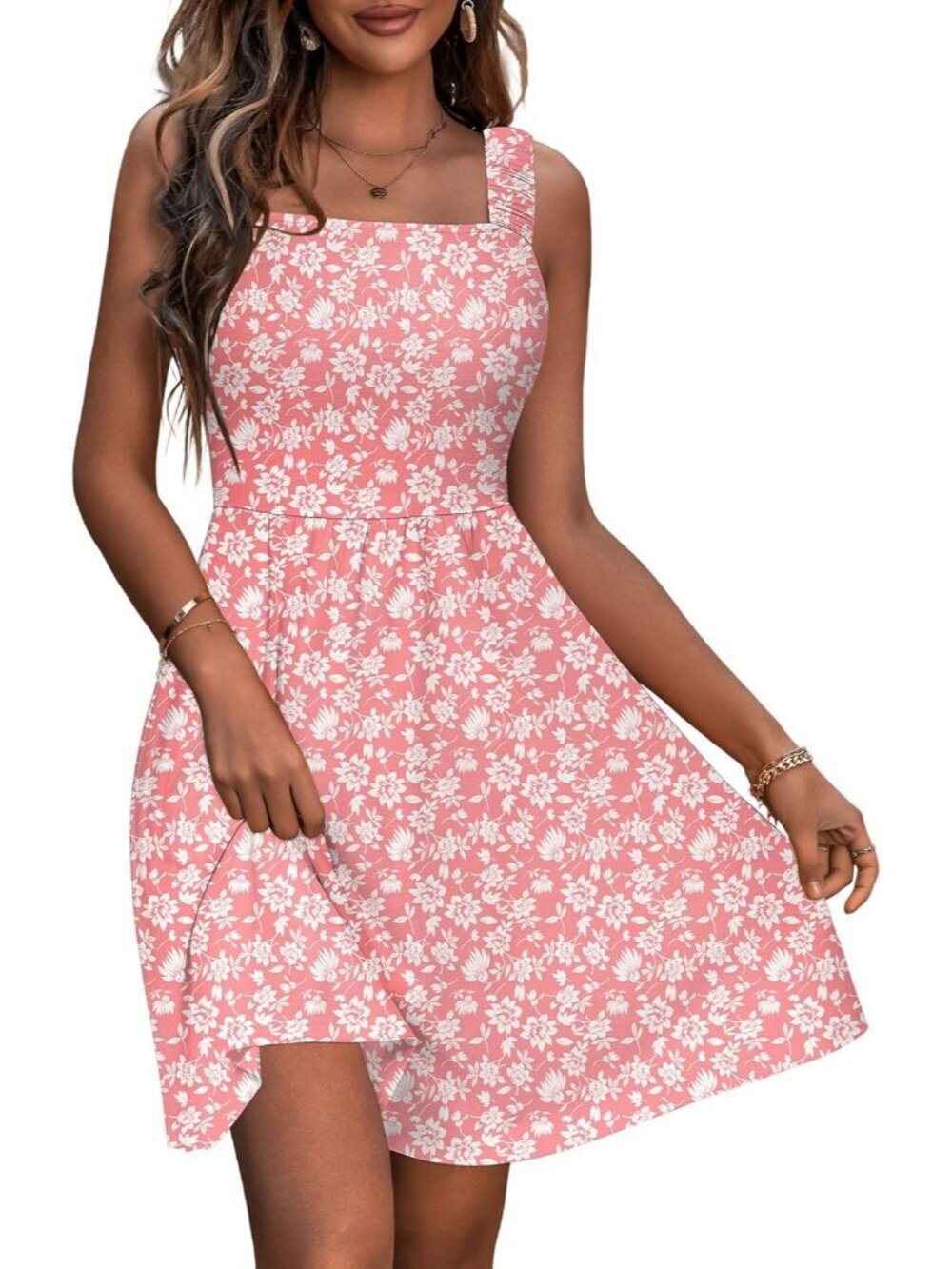 Women's Summer Square Neck Dress with Pocket Sleeveless Pink Flower High Waist